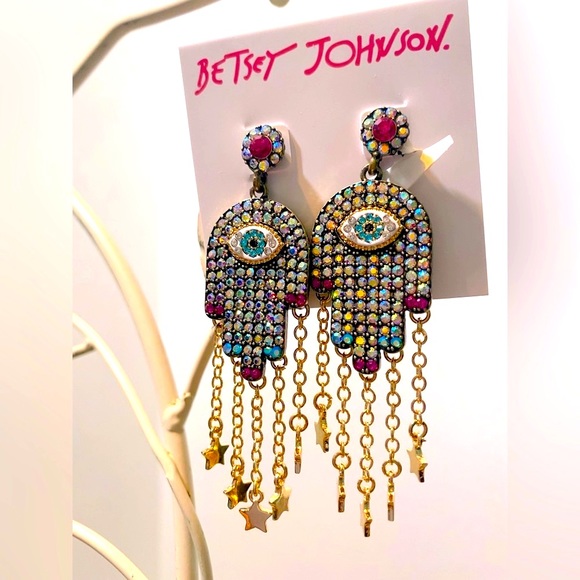 NWT Betsey Johnson Mystic Hamsa Evil Eye Protection crystal earrings . - Picture 3 of 6
